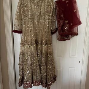 Pakistani Elegant Embroidered Beige and Maroon Dress